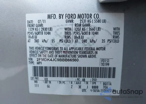 2011 Ford Edge Sel из США, поврежденный, VIN 2FMDK4JC9BBB66560